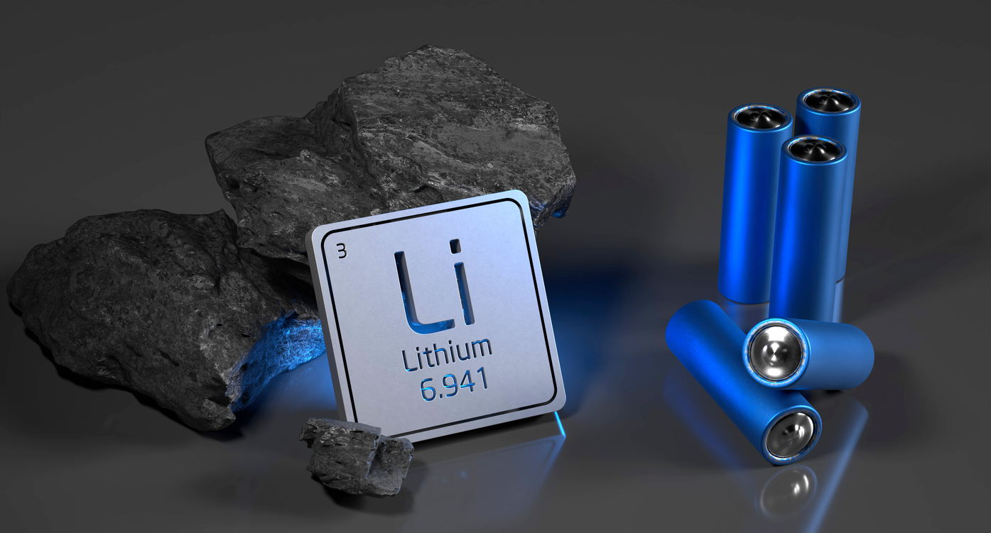 image of LI for lithium scientific code with blue batteries and lithium rocks. Black mass recovery and recycling is a process used for recovering metals from spent batteries.